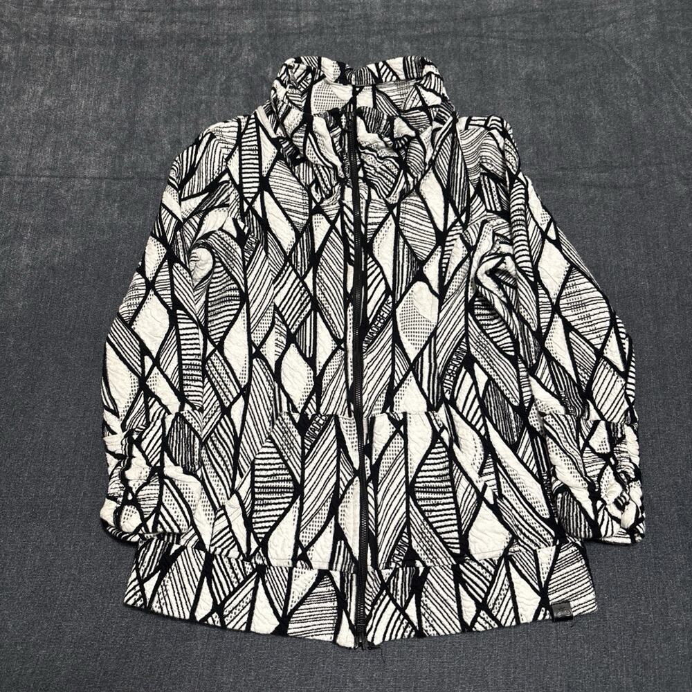 Tonia Debellis Jacket Women Large Black White Knit Patterned Mock Neck Zip Up